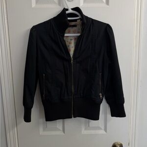 LUX Black Bomber Jacket Women's Small Floral Lined Zip-Up Lightweight Casual